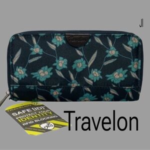 TRAVELON Safe ID Navy Teal and Tan Floral Print Wallet Clutch with Teal Lining